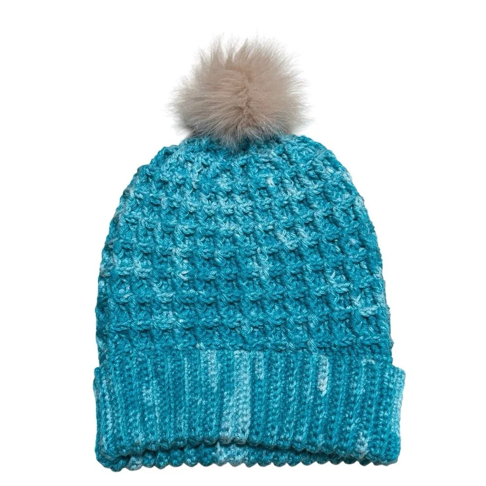 Hand Knit Blue Variegated Crochet Beanie Faux Fur Pom Winter Hat